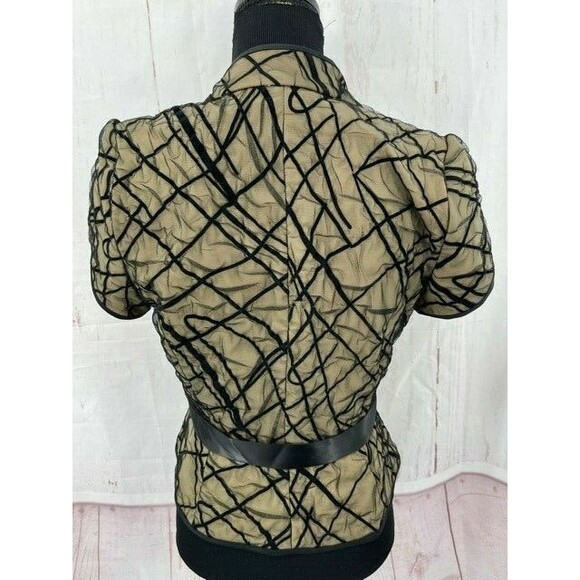 JS Collection Womens Blouse Size 10 Beige Black Button Front Black Ribbon Belt - Picture 4 of 5